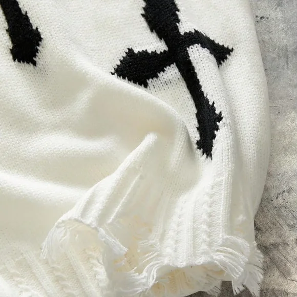 Men's White and Black Cross Pattern Sweater